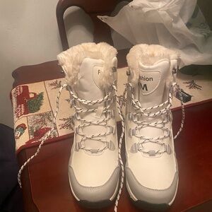 White and Gray Winter Boots with Faux Fur